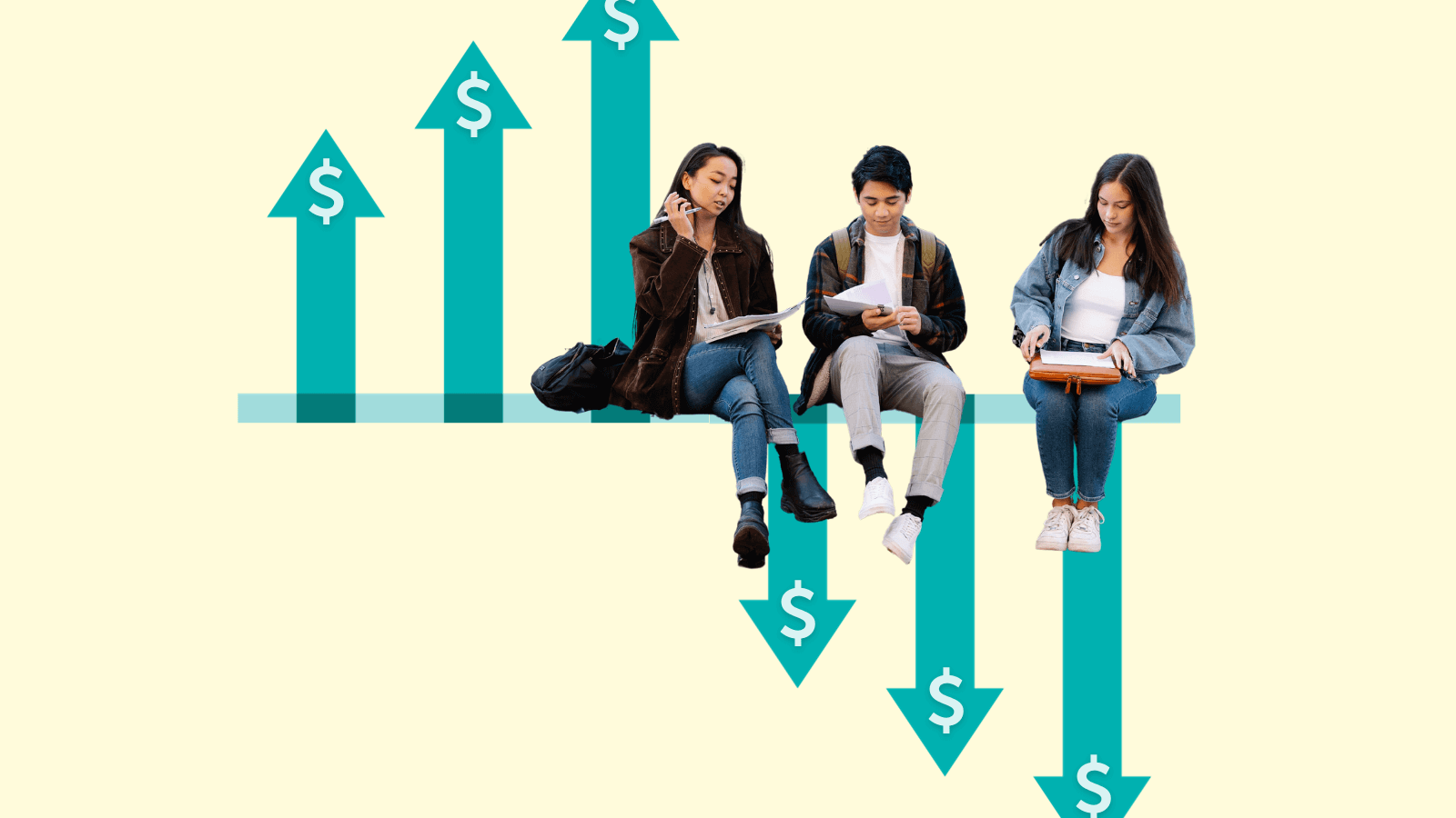 a group of students sits on a wall with arrows pointing up and down coming from the wall